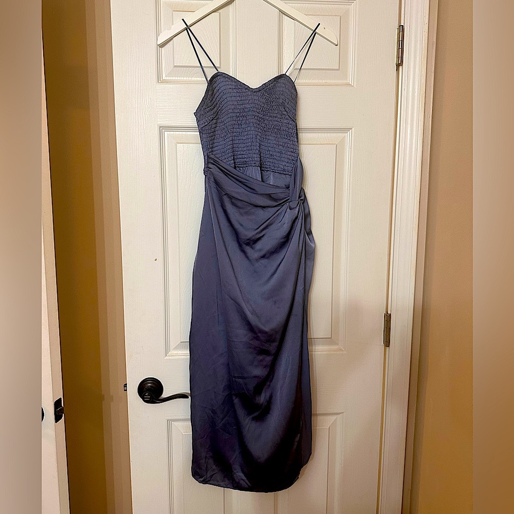 C’isa midi dress heart cut, straps or strapless, smocked; small; blue shadow